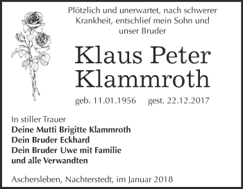 Traueranzeige von Klaus Peter Klammroth von Super Sonntag Aschersleben