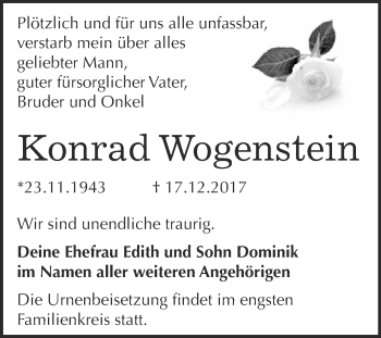 Traueranzeige von Konrad Wogenstein von WVG - Wochenspiegel Bitterfeld