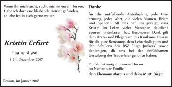 Traueranzeige von Kristin Erfurt von Mitteldeutsche Zeitung Dessau-Roßlau
