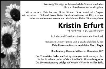 Traueranzeige von Kristin Erfurt von Mitteldeutsche Zeitung Dessau-Roßlau