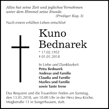 Traueranzeige von Kuno Bednarek von Super Sonntag SGH Mansf. Land