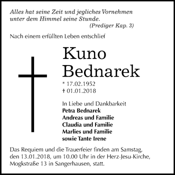 Traueranzeige von Kuno Bednarek von Mitteldeutsche Zeitung Sangerhausen