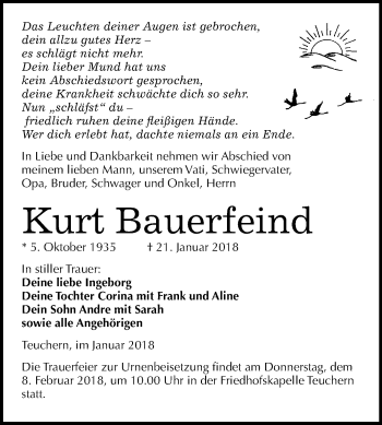 Traueranzeige von Kurt Bauerfeind von Mitteldeutsche Zeitung Weißenfels