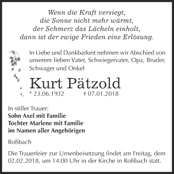 Traueranzeige von Kurt Pätzold von WVG - Wochenspiegel NMB / WSF / ZTZ