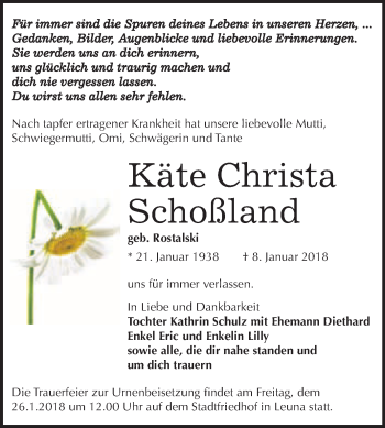 Traueranzeige von Käte Christa Schoßland von WVG - Wochenspiegel Merseburg