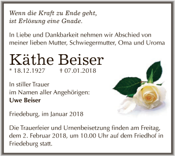 Traueranzeige von Käthe Beiser von Wochenspiegel Mansfelder Land