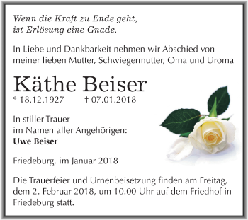 Traueranzeige von Käthe Beiser von Mitteldeutsche Zeitung