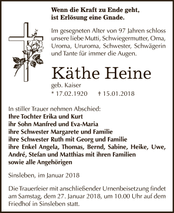 Traueranzeige von Käthe Heine von Super Sonntag Aschersleben