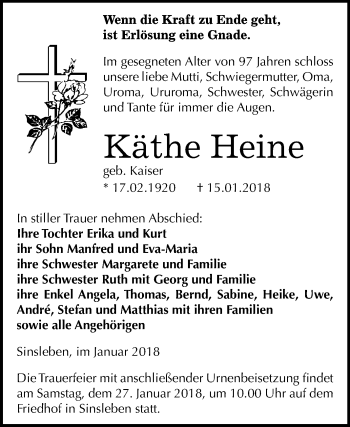 Traueranzeige von Käthe Heine von Mitteldeutsche Zeitung Quedlinburg