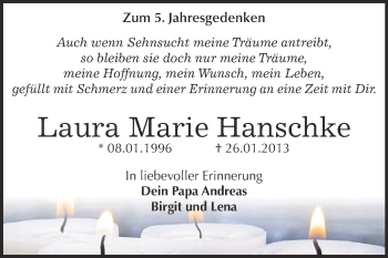 Traueranzeige von Laura Marie  Hanschke von Super Sonntag Dessau / Köthen