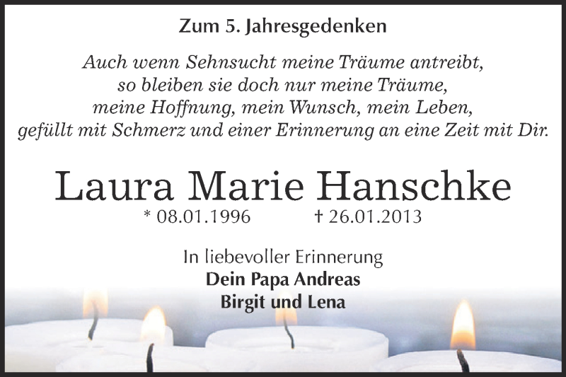  Traueranzeige für Laura Marie  Hanschke vom 27.01.2018 aus Super Sonntag Dessau / Köthen