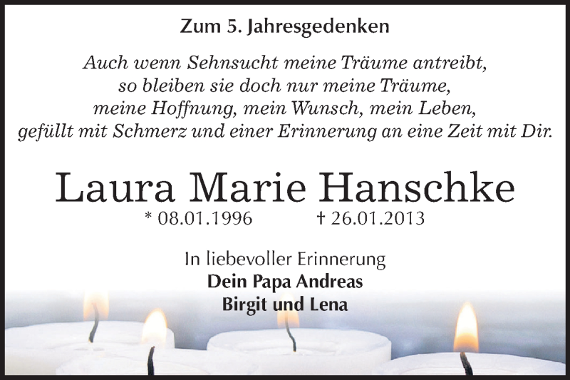  Traueranzeige für Laura Marie  Hanschke vom 26.01.2018 aus Mitteldeutsche Zeitung Dessau-Roßlau