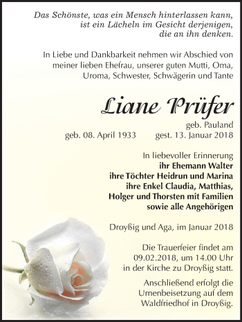 Traueranzeige von Liane Prüfer von Mitteldeutsche Zeitung Zeitz