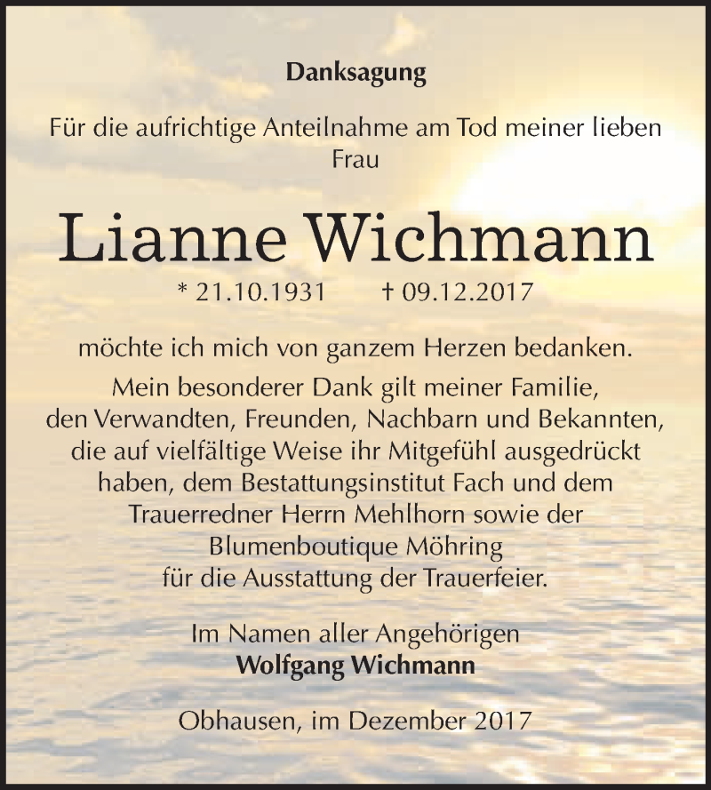  Traueranzeige für Lianne Wichmann vom 30.12.2017 aus WVG - Wochenspiegel Merseburg
