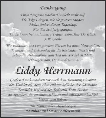 Traueranzeige von Liddy Herrmann von WVG - Wochenspiegel Wittenberg