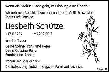 Traueranzeige von Liesbeth Schütze von Mitteldeutsche Zeitung Zeitz