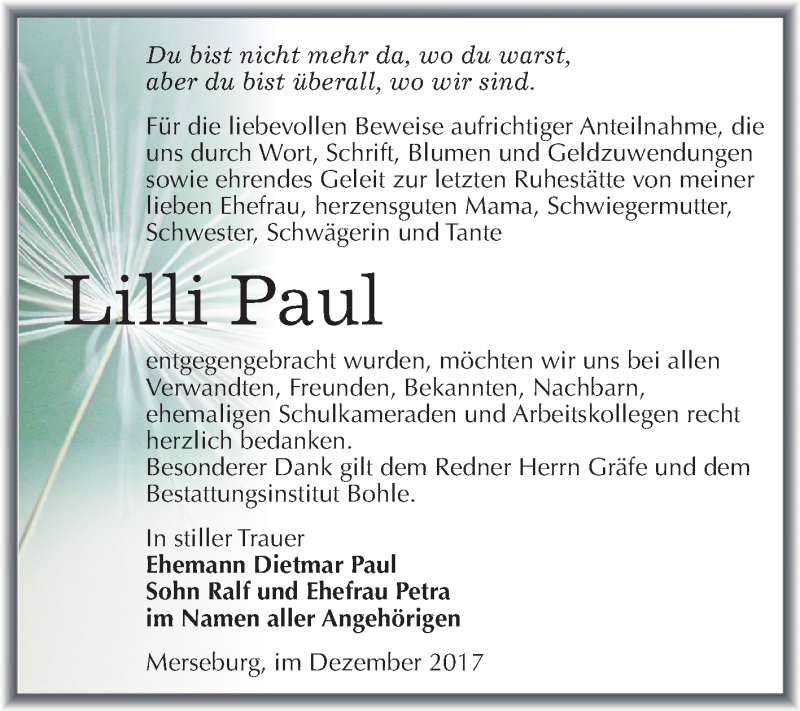  Traueranzeige für Lilli Paul vom 06.01.2018 aus Mitteldeutsche Zeitung Merseburg/Querfurt