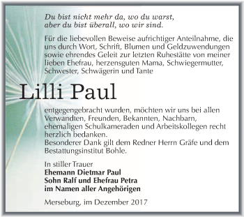 Traueranzeige von Lilli Paul von WVG - Wochenspiegel Merseburg