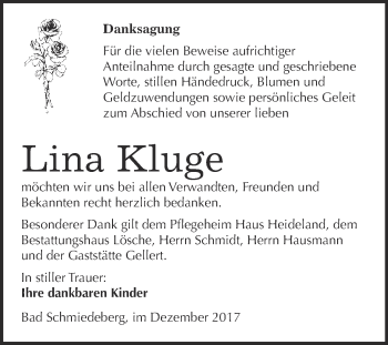 Traueranzeige von Lina Kluge von WVG - Wochenspiegel Wittenberg