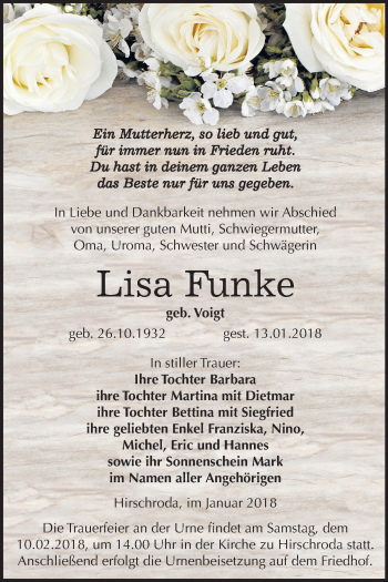 Traueranzeige von Lisa Funke von Mitteldeutsche Zeitung