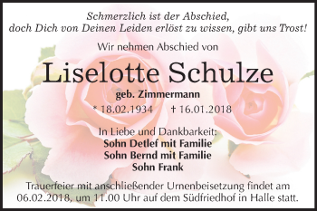Traueranzeige von Liselotte Schulze von Mitteldeutsche Zeitung Halle/Saalkreis