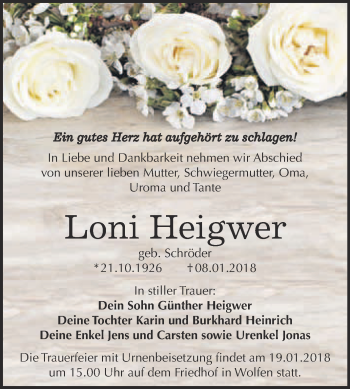 Traueranzeige von Loni Heigwer von WVG - Wochenspiegel Bitterfeld