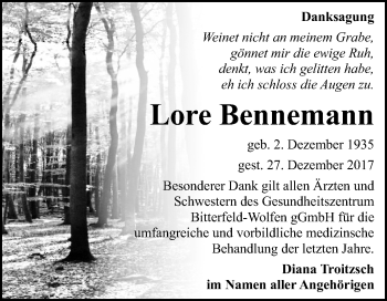 Traueranzeige von Lore Bennemann von Mitteldeutsche Zeitung Bitterfeld