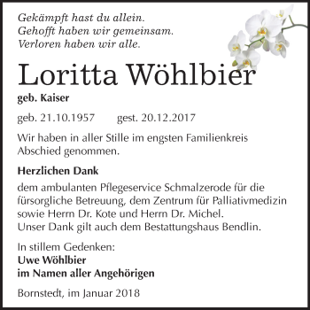 Traueranzeige von Loritta Wöhlbier von Mitteldeutsche Zeitung