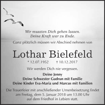 Traueranzeige von Lothar Bielefeld von WVG - Wochenspiegel Wittenberg