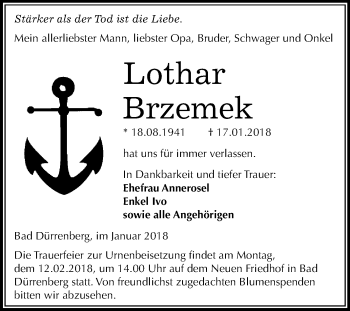 Traueranzeige von Lothar Brzemek von Mitteldeutsche Zeitung Merseburg/Querfurt