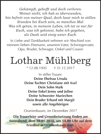 Traueranzeige von Lothar Mühlberg von WVG - Wochenspiegel Wittenberg
