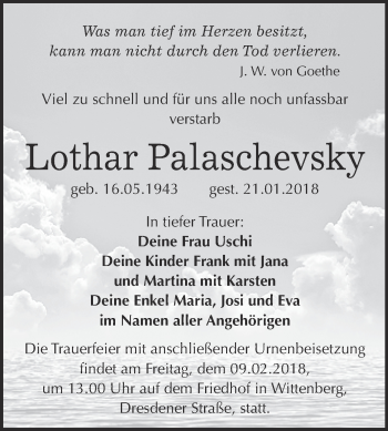 Traueranzeige von Lothar Palaschevsky von WVG - Wochenspiegel Wittenberg