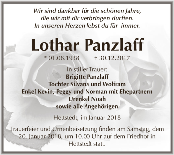 Traueranzeige von Lothar Panzlaff von Wochenspiegel Mansfelder Land