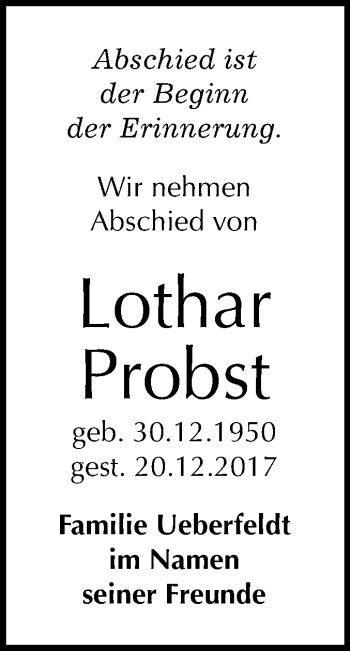 Traueranzeige von Lothar Probst von Mitteldeutsche Zeitung Merseburg/Querfurt