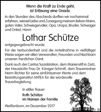 Traueranzeige von Lothar Schütze von Super Sonntag Zeitz