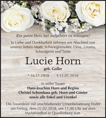 Traueranzeige von Lucie Horn von Mitteldeutsche Zeitung