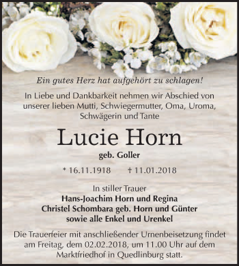 Traueranzeige von Lucie Horn von WVG - Wochenspiegel Quedlinburg