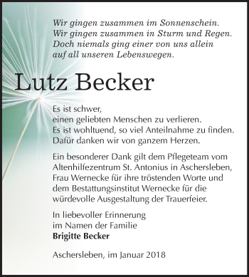Traueranzeige von Lutz Becker von Mitteldeutsche Zeitung Aschersleben