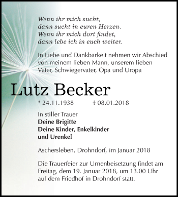 Traueranzeige von Lutz Becker von Super Sonntag Aschersleben
