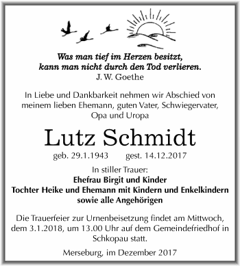 Traueranzeige von Lutz Schmidt von WVG - Wochenspiegel Merseburg