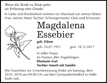 Traueranzeige von Magdalena Essebier von Mitteldeutsche Zeitung Halle/Saalkreis