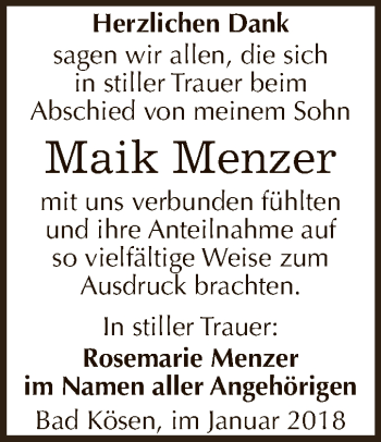 Traueranzeige von Maik Menzer von WVG - Wochenspiegel NMB / WSF / ZTZ