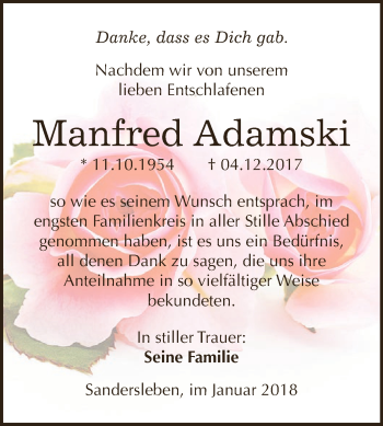 Traueranzeige von Manfred Adamski von Super Sonntag SGH Mansf. Land