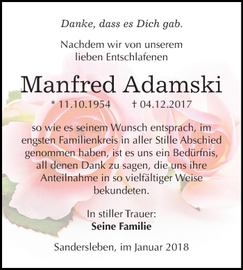 Traueranzeige von Manfred Adamski von Mitteldeutsche Zeitung