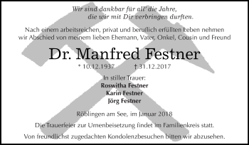 Traueranzeige von Manfred Festner von Super Sonntag SGH Mansf. Land