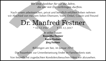 Traueranzeige von Manfred Festner von Mitteldeutsche Zeitung