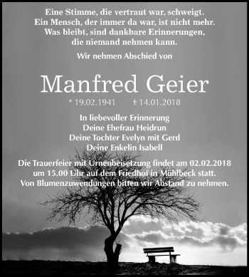 Traueranzeige von Manfred Geier von Mitteldeutsche Zeitung Bitterfeld