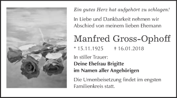Traueranzeige von Manfred Gross-Ophoff von WVG - Wochenspiegel Bitterfeld