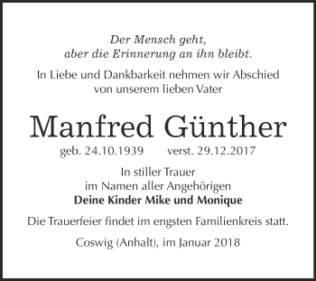 Traueranzeige von Manfred Günther von Super Sonntag Wittenberg