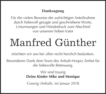 Traueranzeige von Manfred Günther von Super Sonntag Wittenberg